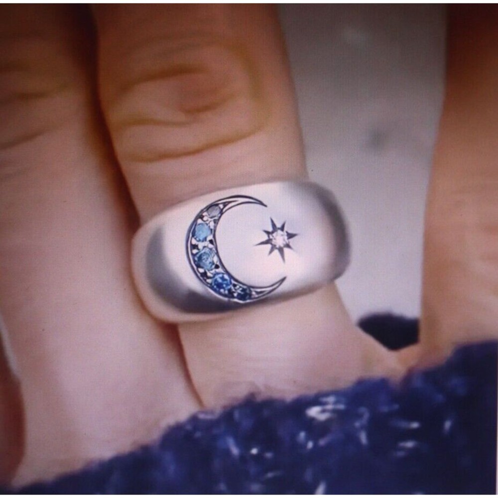 Celtic Ring Sz 7 Silver Moon Blue & Clear Rhinestones Boho Celestial NWT